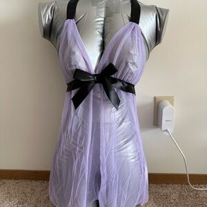 Sheer Purple Babydoll Lingerie with Black Bow